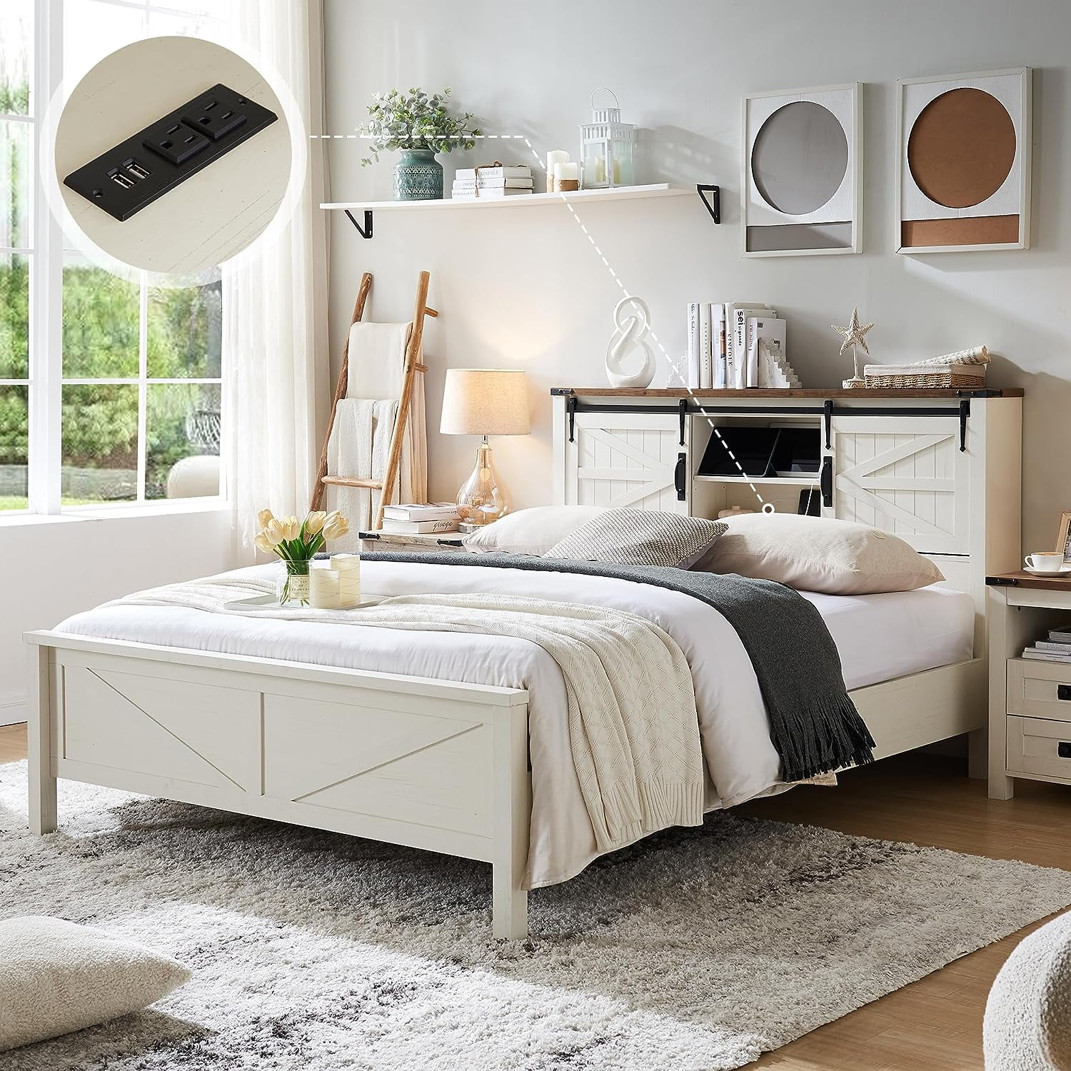 OKD Modern Farmhouse Full Platform Bed with Bookcase Headboard Storage and Charging Station, No Box Spring Needed, Anitique White Finish