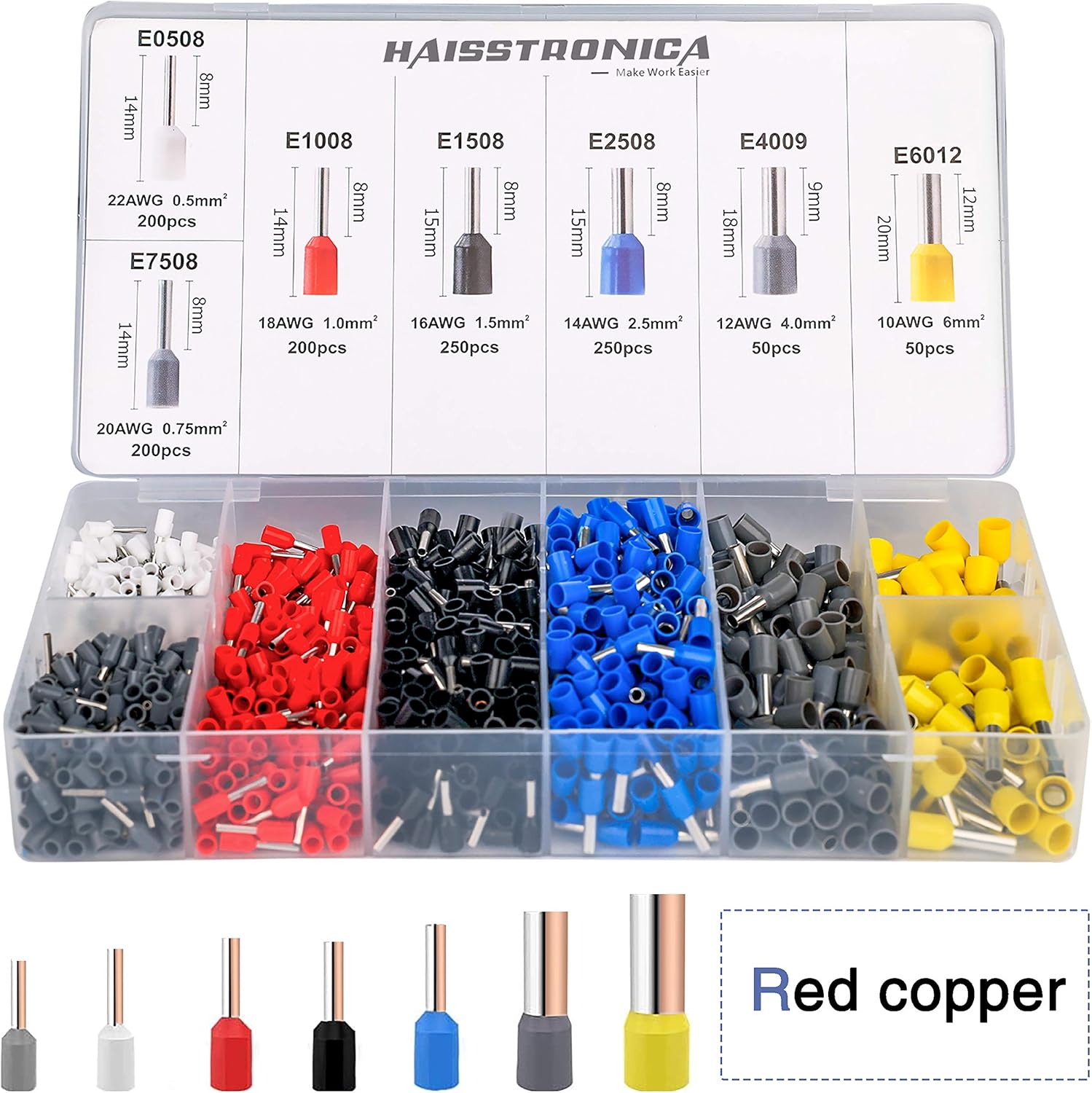 Ferrule Crimping Tool Kit,Haisstronica Self-Adjusting Hexagonal Wire Crimper Plier for AWG 23-10 with 1200PCS Red Copper Wire End Terminals,Ratchet Wire Crimping Tool-Wire End Ferrules Pack of 2