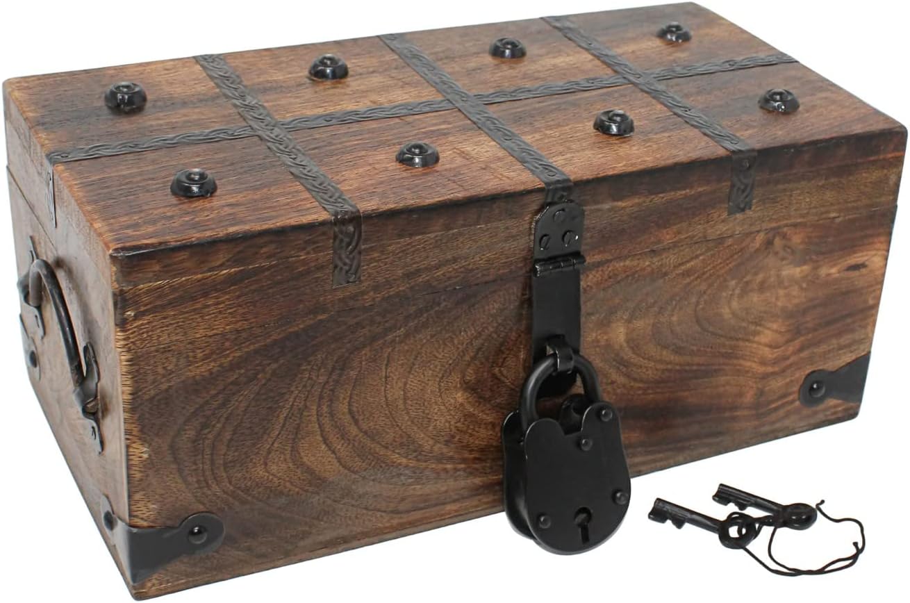 Nautical Cove Treasure Chest Wooden Box with Antique Iron Lock and Skeleton Key - Storage and Decor (Medium 12.25 x 6 x 5.5) Pack of 2