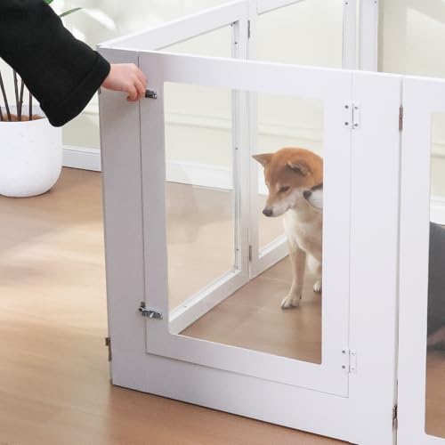 Heavy Duty Clear Acrylic Dog Playpen, Transparent Pet Pen, Metal Frame Easy Assemble Kennel Enclosure, Ideal for Small to Medium Dogs, Cats, and Other Small Pets (White, 6 Panels with Door)