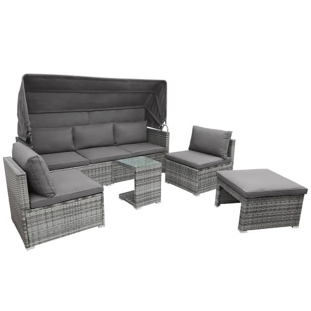 Churanty 5 Pieces Outdoor Conversation Wicker Furniture Set Sectional Patio Rattan Sofa Set Rattan Daybed with Canopy and Glass Side Table, Gray