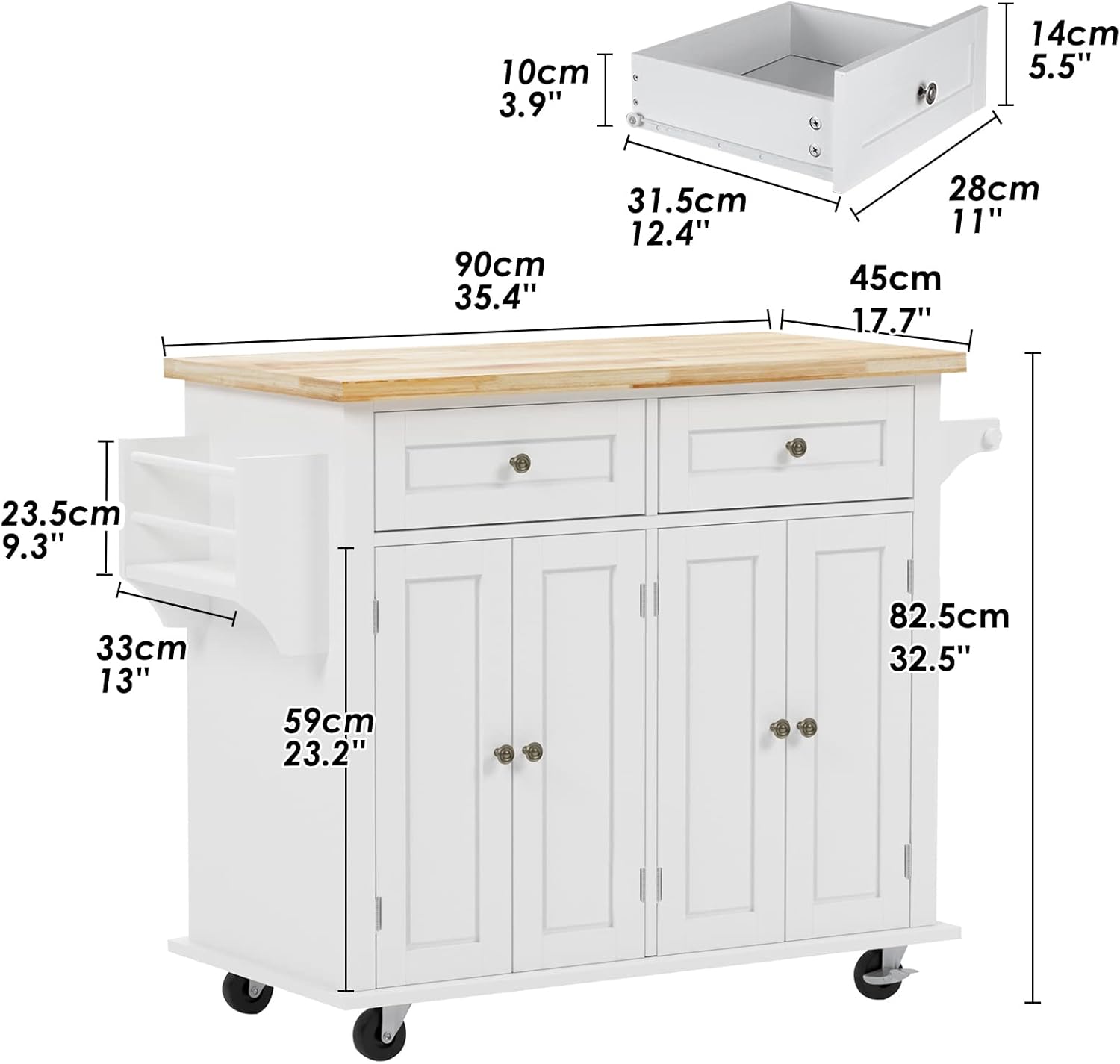 soges Rolling Kitchen Island Cart with Storage, Wood Trolley Cart with Spice and Towel Rack, Mobile Kitchen Storage Cabinet Island Table on Wheels, Serving Cart with Cabinet and Drawers,FZSR-HT01WT