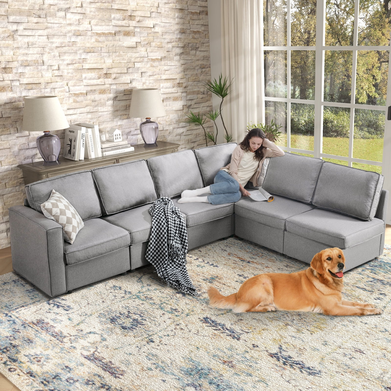 Bonzy Home U-Shaped Sectional Sofa with Storage and Reversible Chaises,Light Grey