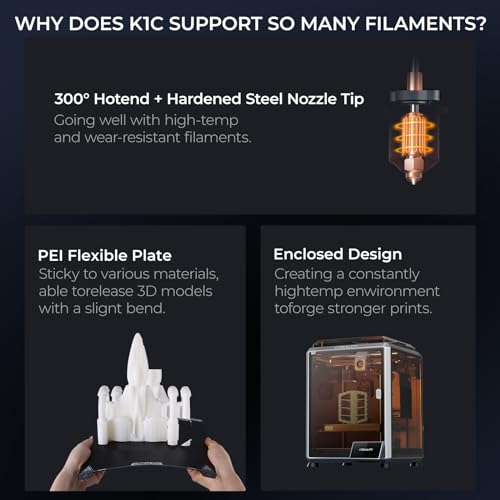 Creality K1C 3D Printer, 2024 New Version 600mm/s High-Speed Auto Leveling Clog-Free Robust Direct Extruder K1 Upgrade 3D Printer with AI Camera 300°C Printing Support Carbon Fiber Filaments