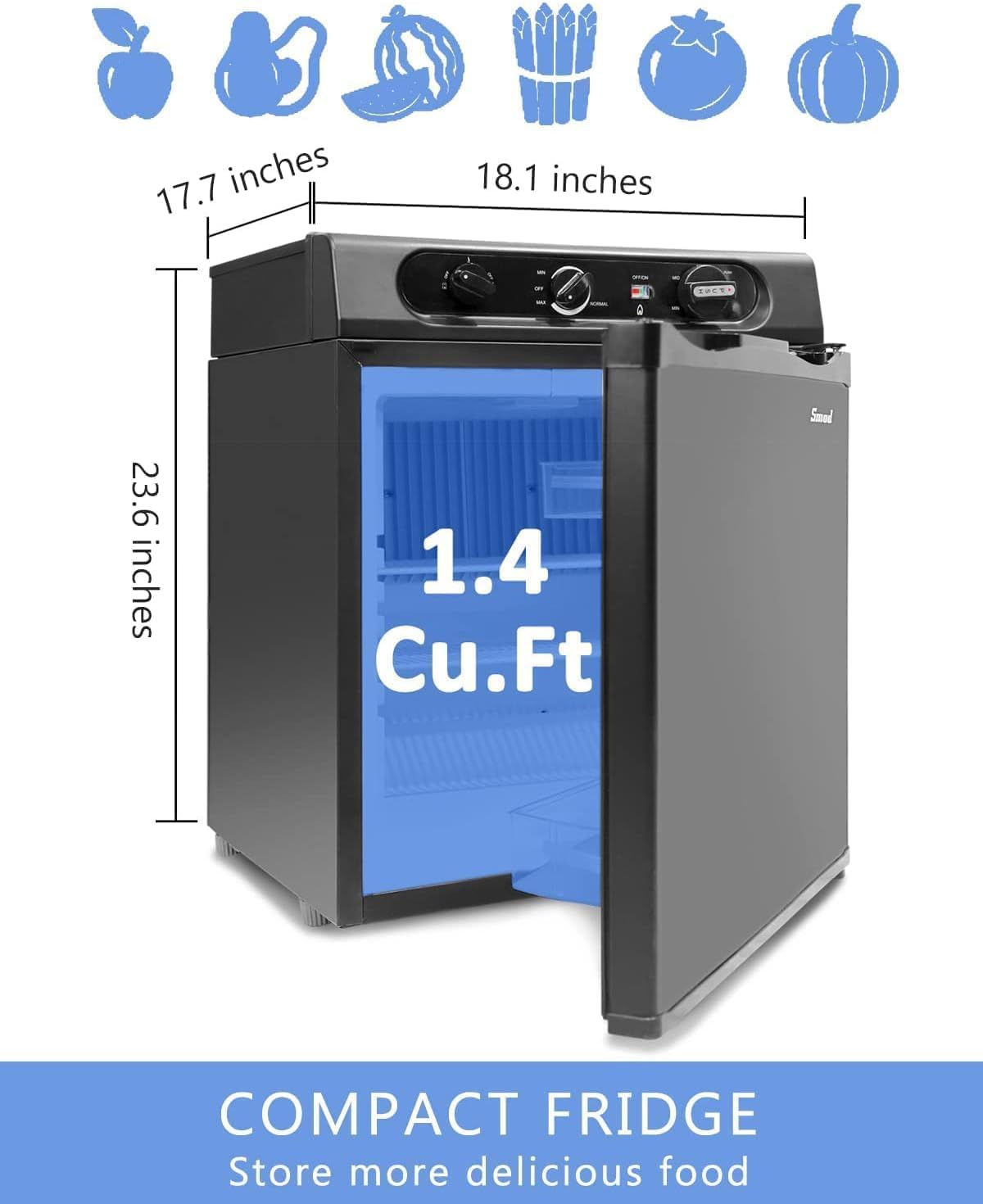 Smad 3 Way Propane Refrigerator for RV, 1.4 Cu.ft Propane Fridge Black, Gas/110V/12V Refrierator for Caravan, Home, Outdoor Camper