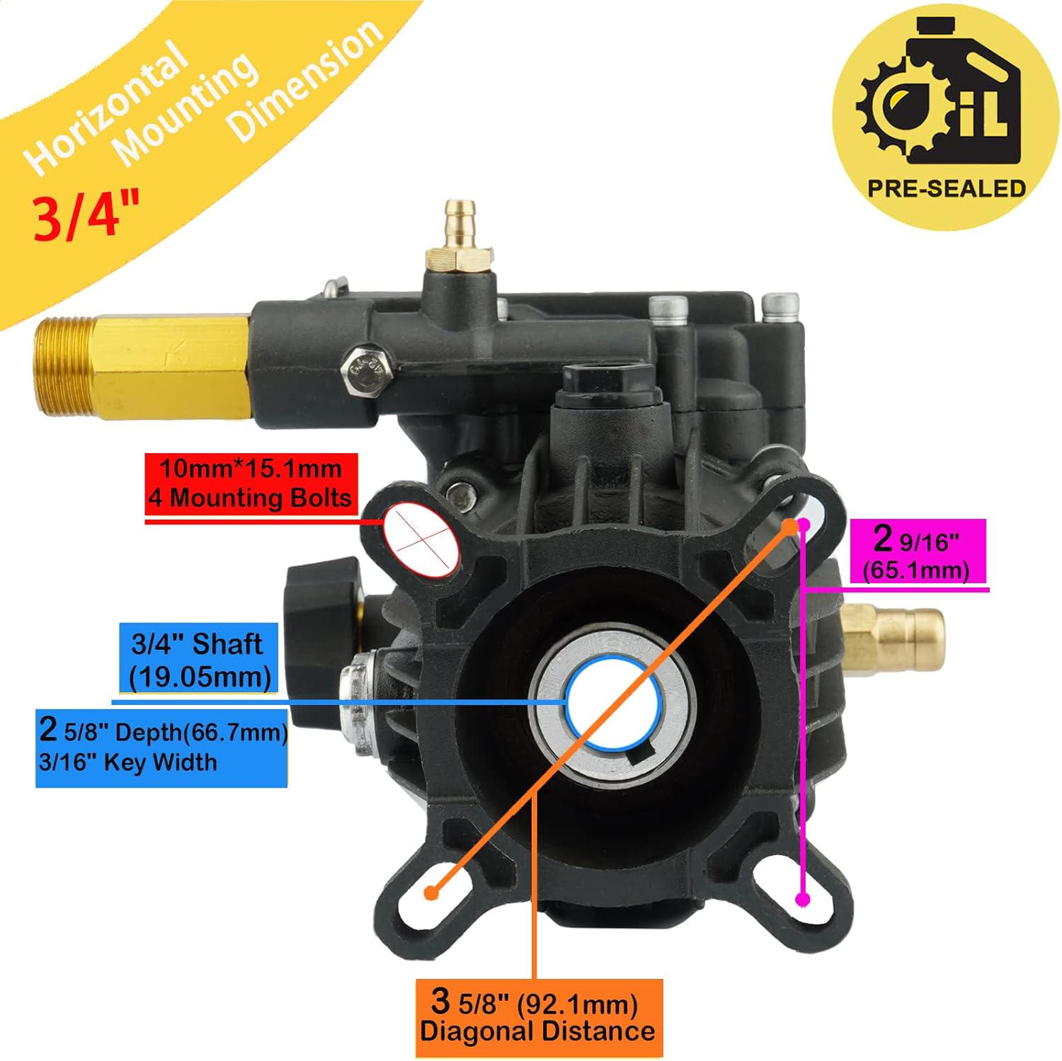 Youxmoto 3/4 Shaft Horizontal Pressure Washer Pump, Max 3300 PSI @ 2.5 GPM Universal Power Washer Pump, Fit for Troy-Bilt, Karcher, Generac, Simpson, Honda, Anodized Die-Cast Aluminum