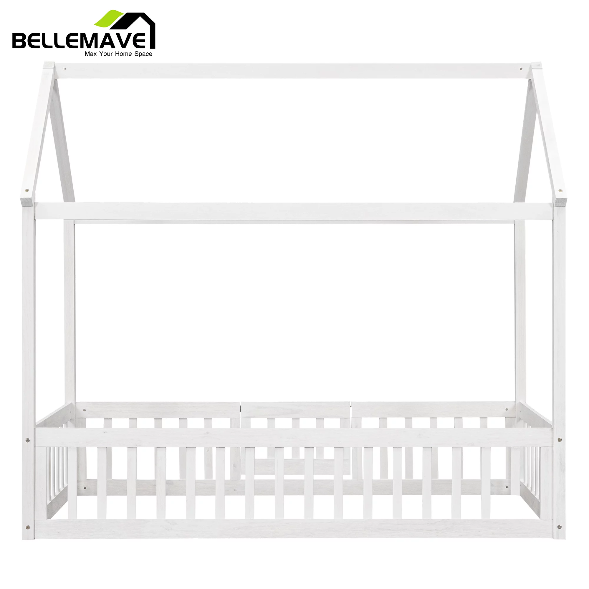 Montessori Bed/Twin House Floor Bed for Toddlers, Kids Girls, Boys,Montessori Floor Bed with Rails and Door,Toddler House Bed(White)