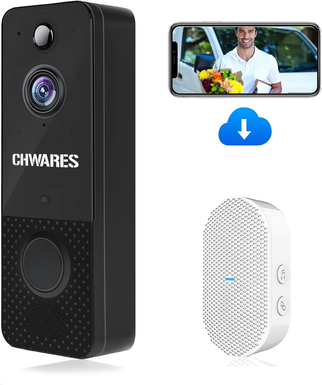 Video Doorbell Camera 1080p HD, CHWARES Wireless Camera with Chime, Motion Detector, Night Vision, 2-Way Audio, Battery Powered, Free Cloud Storage, No Monthly Fee Pack of 2