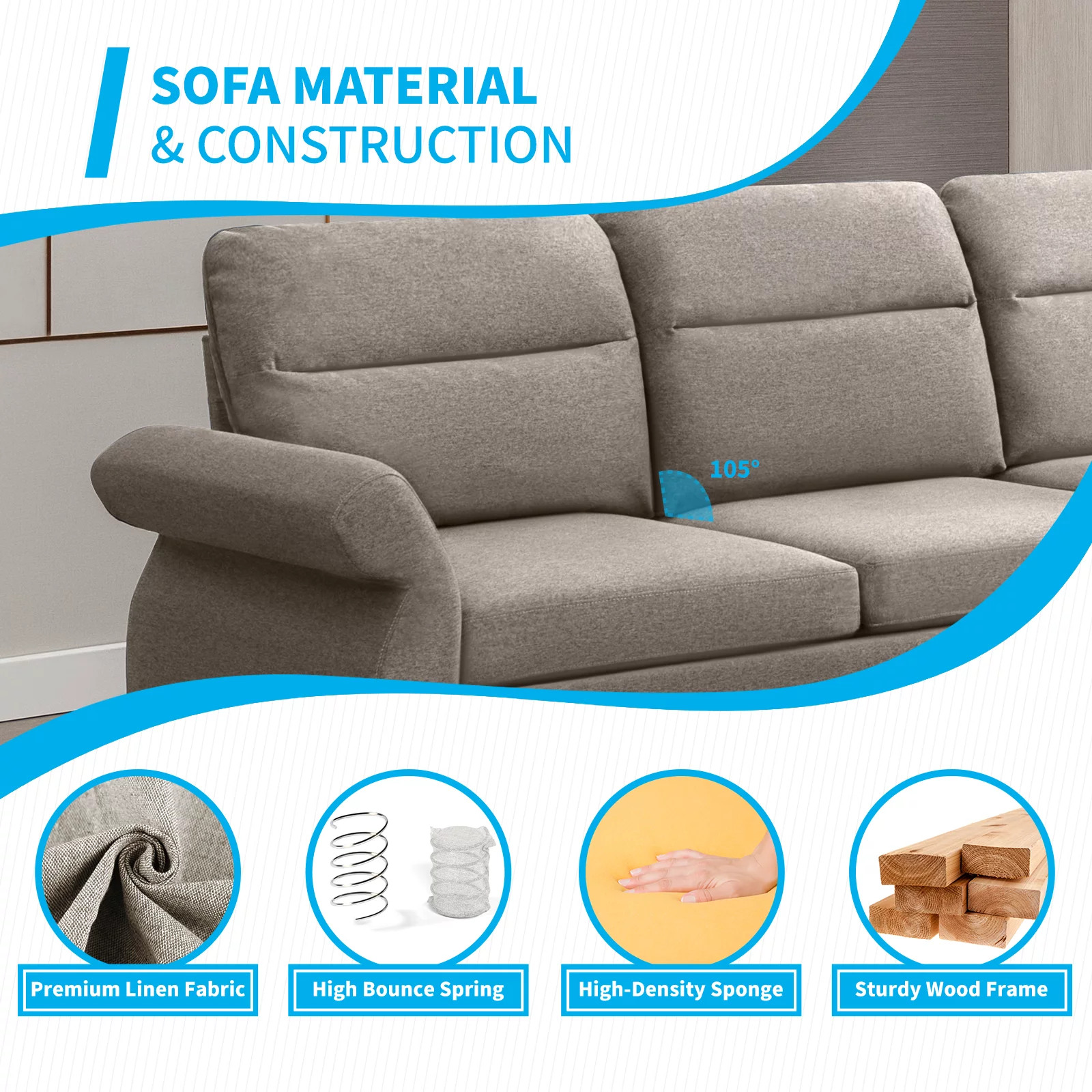 MUZZ Convertible Sectional Sofa Couch, 3 Seat L-Shape Sofa Couch with 2 USB Ports and Adjustable Armrest, Small Reversible Sectional Couches with Ottoman for Living Room, Apartment, Beige