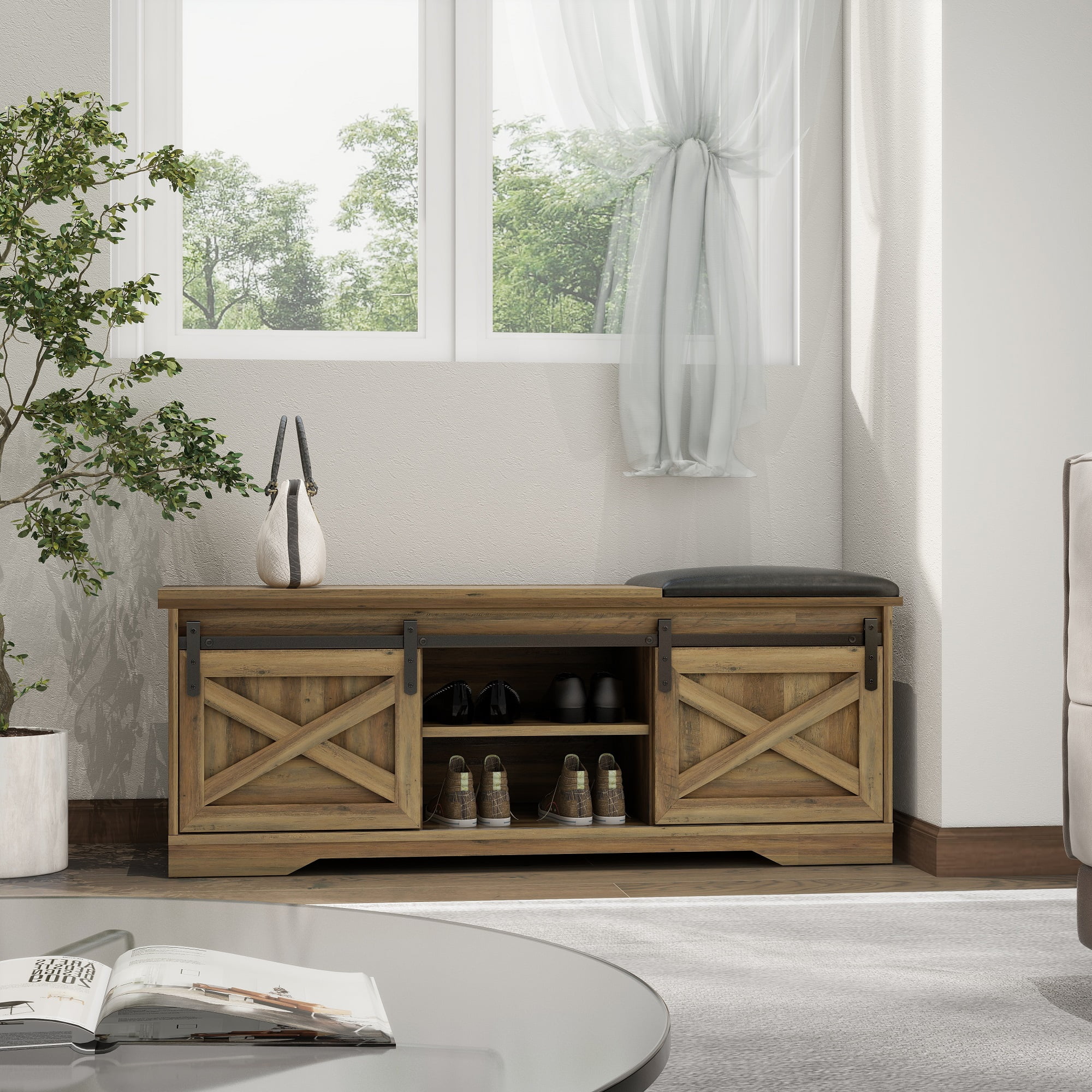 Shoe Bench Entryway with Storage & Cushion, Farmhouse Entryway Bench with Shoe Storage Brown, Bench Shoe Storage with Doors, Shoe Storage with Bench for Entryway, Entry Bench Seat with Storage
