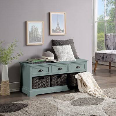 Homes Collection Wicker Storage Bench with 3 Drawers and 3 Woven Baskets Red Barrel Studio Color/Pattern: Green