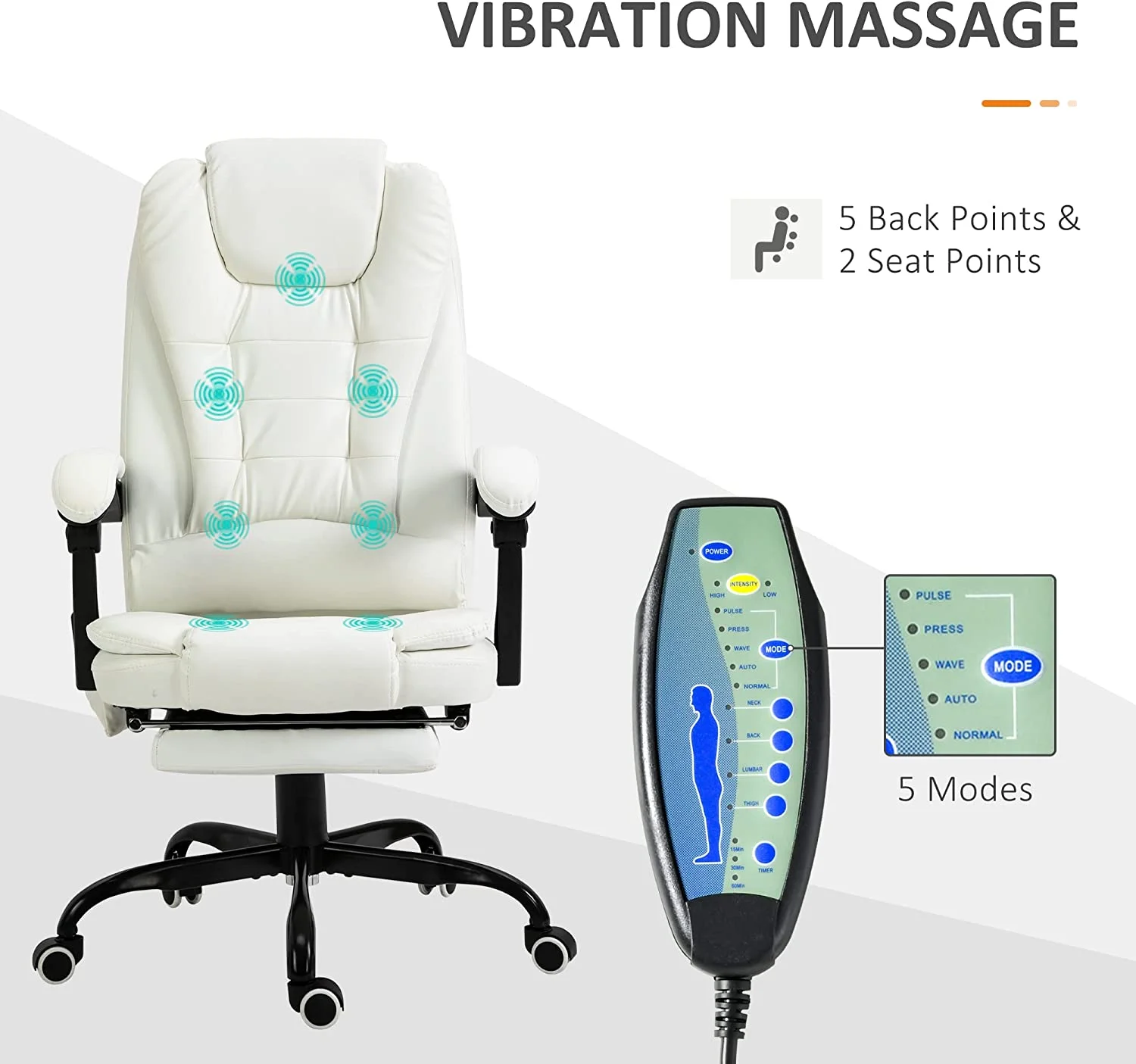 Vibrating Massage Office Chair, High Back Executive Recliner With Lumbar Support, Footrest, Reclining Back, Adjustable Height, White
