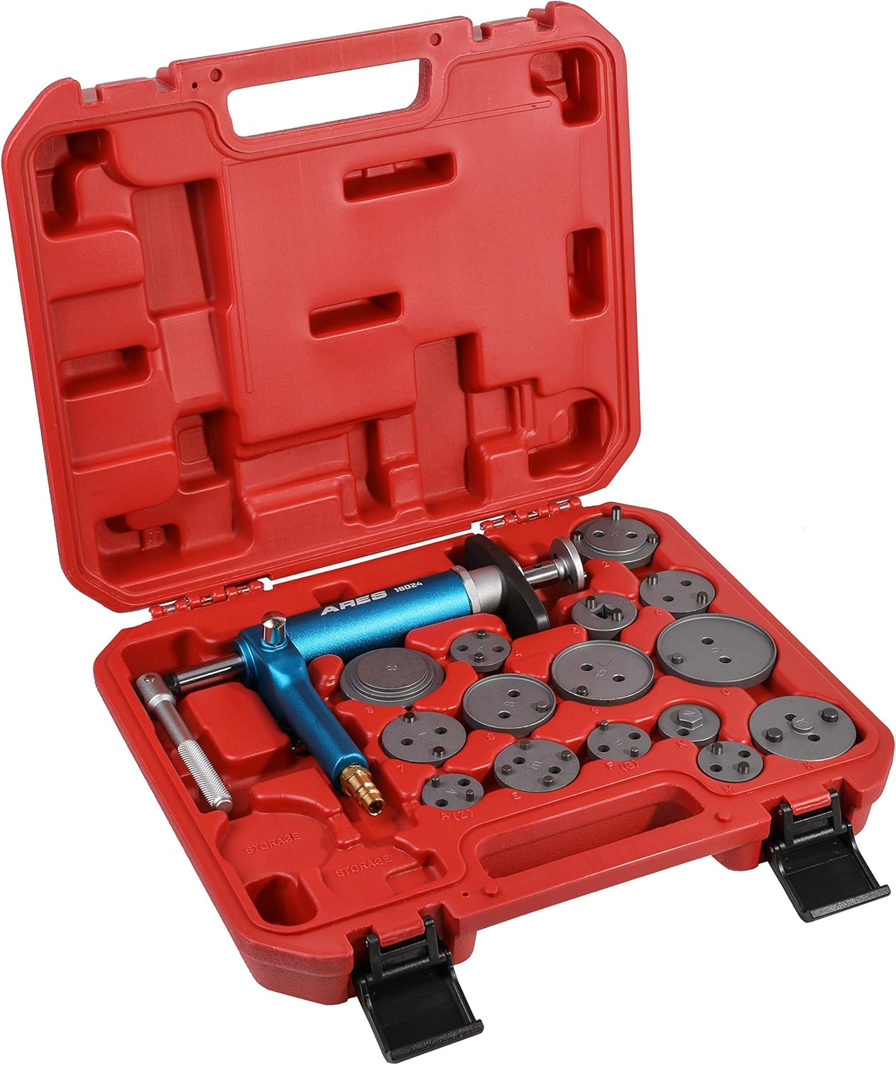 ARES 18024-16-Piece Brake Caliper Wind Back Tool Set - Pneumatic Design for Easy One-Person Use - Includes Compressor Tool, 15 Drive Key Disc Adapters - Storage Case Included