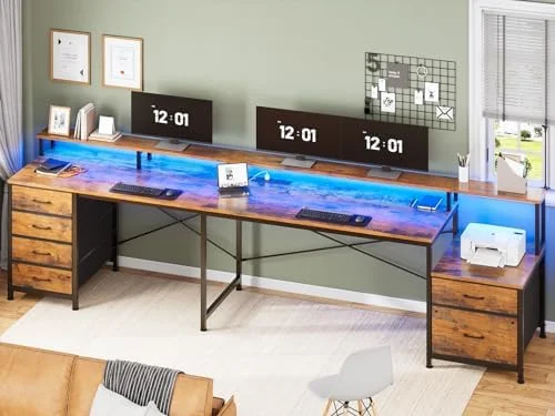 RUNFAYBIU L Shaped Desk with 6 Drawer  108" Home Office Desk with File Drawer &amp; Power Outlet  Corner Computer Desk with Monitor   File Cabinet  Two Person Desk  Gaming Desk with L