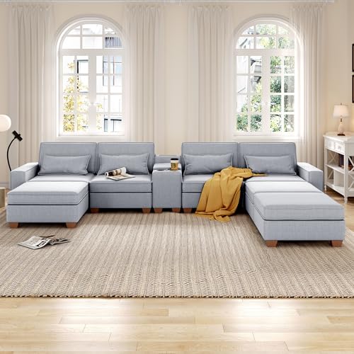 Modular Sectional Sofa, Convertible U Shaped Sofa Couch with Central Console & USB Ports, 7 Seat Modular Sectionals Couch with Chaise and Storage for Living Room, Light Grey