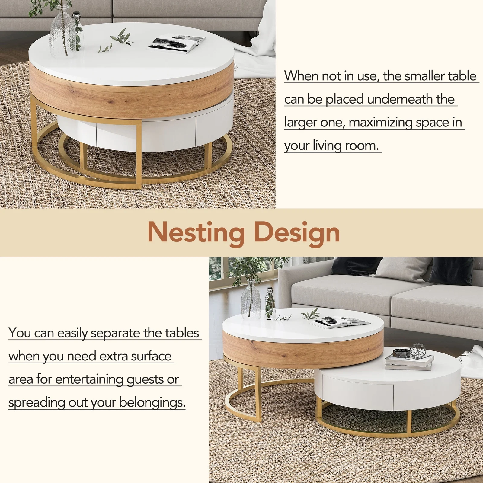 YISUYA Modern Round Lift-top Nesting Coffee Tables with 2 Drawers, Multifunctional Coffee Table, Lift Top Coffee Table, Center Table for Living Room, Home, Office, Oak Natural Wood + Antique White