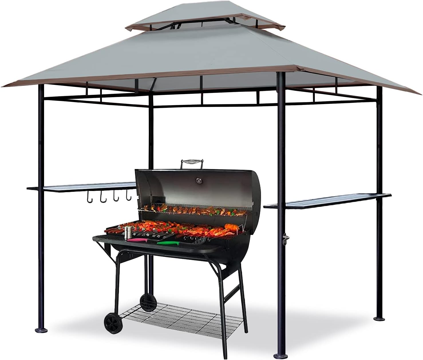 CoastShade 8'x 5' Gray Grill Gazebo Double Tiered Outdoor BBQ Canopy,Grill Gazebo Shelter for Patio and Outdoor Backyard BBQ's with LED Light x 2 (Gray)