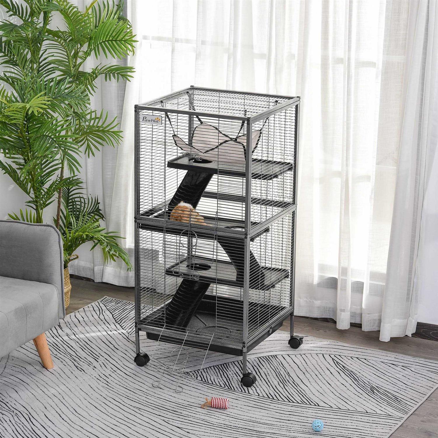 PawHut Rolling Small Animal Cage Pet for Rabbits, Chinchillas, Ferret with Wheels, Hammock, 4 Platforms and Removable Tray - Pet Supplies online store