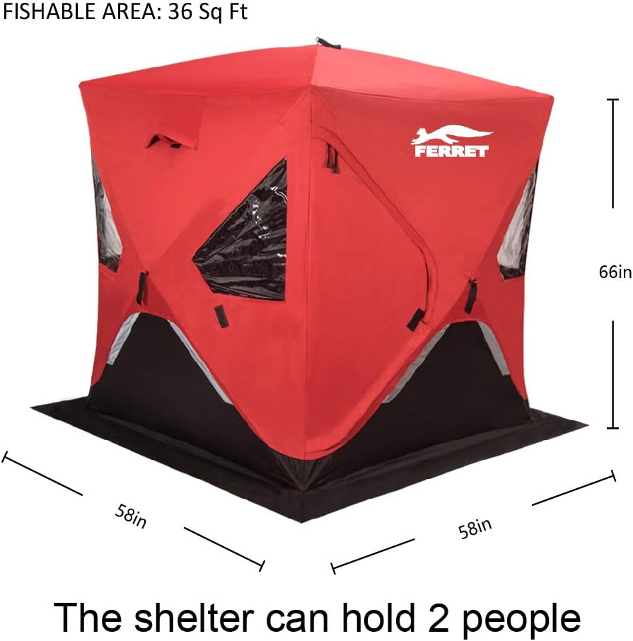 FERRET 1-2 Person 58X58X66 Waterproof Pop-up Portable Ice Shelter Tent Ice Shelter Fishing Tent with Carrier Bag, Red