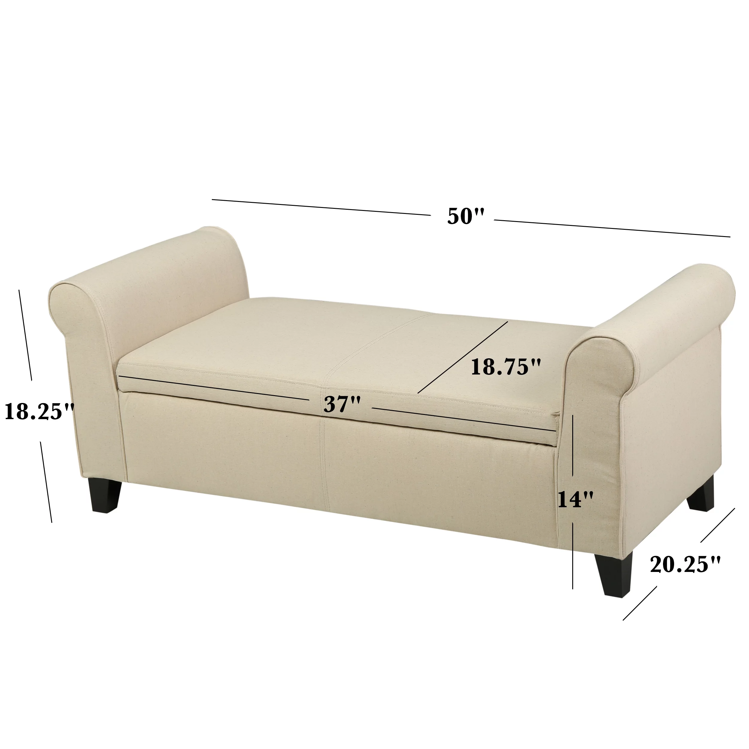 Noble House Haden Contemporary Fabric Upholstered Storage Ottoman Bench with Rolled Arms, Beige