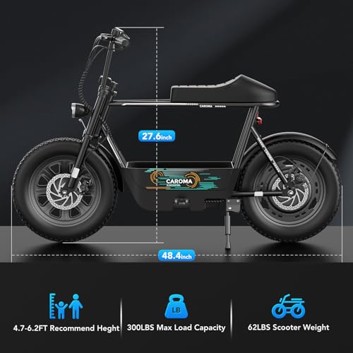 Caroma Peak 800W/1200W Electric Scooter with Seat, 16" All Terrain Fat Tire Electric Dirt Bike, Max 25/30Miles Ranges, Top Speed 20Mph, Electric Motorcycle Bicycle with Basket for Pets & Cargo