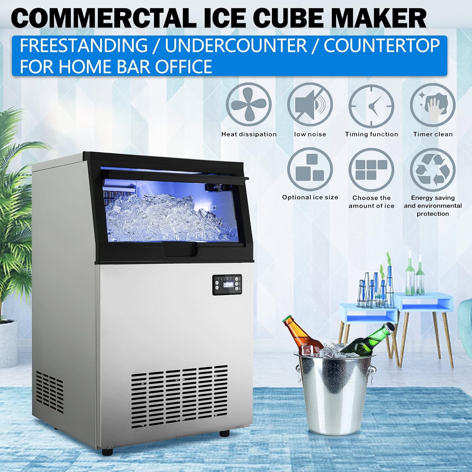 Commercial Ice Maker Machine, Freestanding Ice Maker Machine 132lbs/24H with 33lbs Ice Storage Capacity, Stainless Steel Ice Machine Ideal for Coffee Shop, Restaurants, Homes and Offices