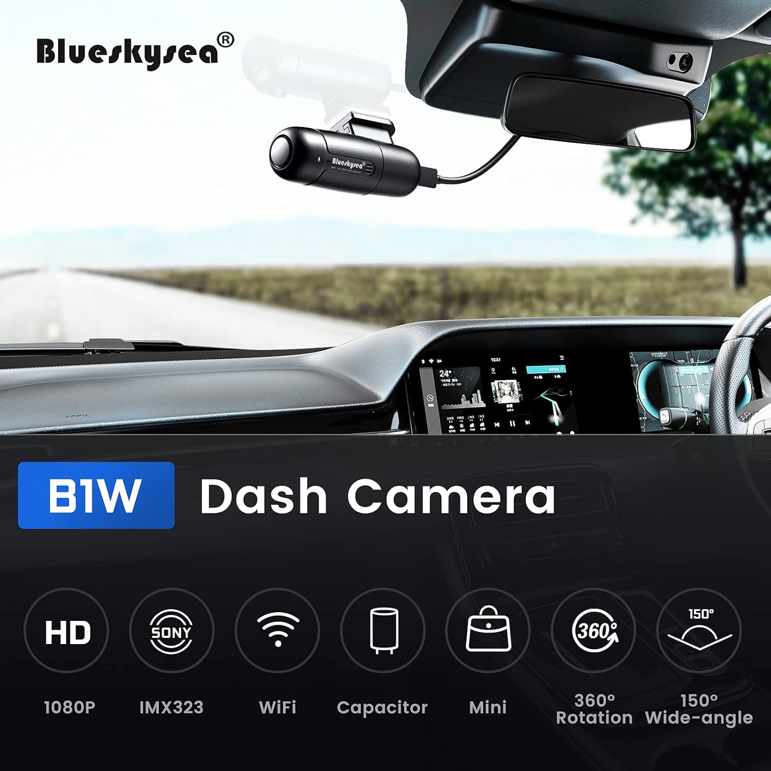 WiFi Small Dash Cam Full HD 1080p Car Camera 150° Wide Angle with Super Capacitor Vehicle Driving Video Recorder 360° Rotatable Lens G-Sensor Loop Recording Parking Mode Blueskysea B1W Pack of 2
