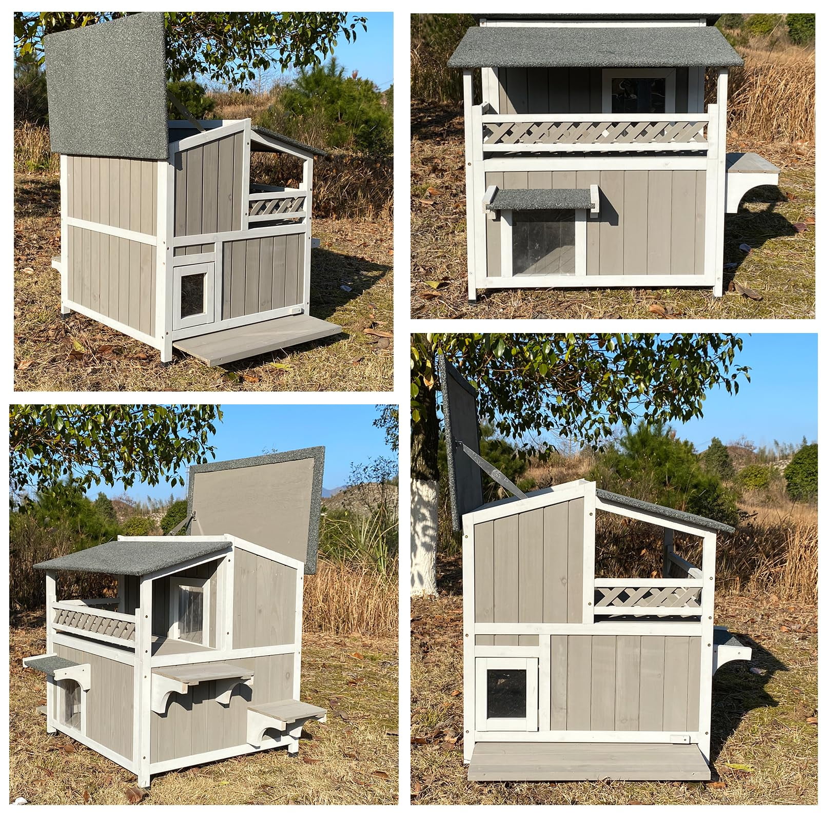 PETSCOSSET Cat House Outdoor 2-Story Wooden Kitty Shelter with Balcony, Gray