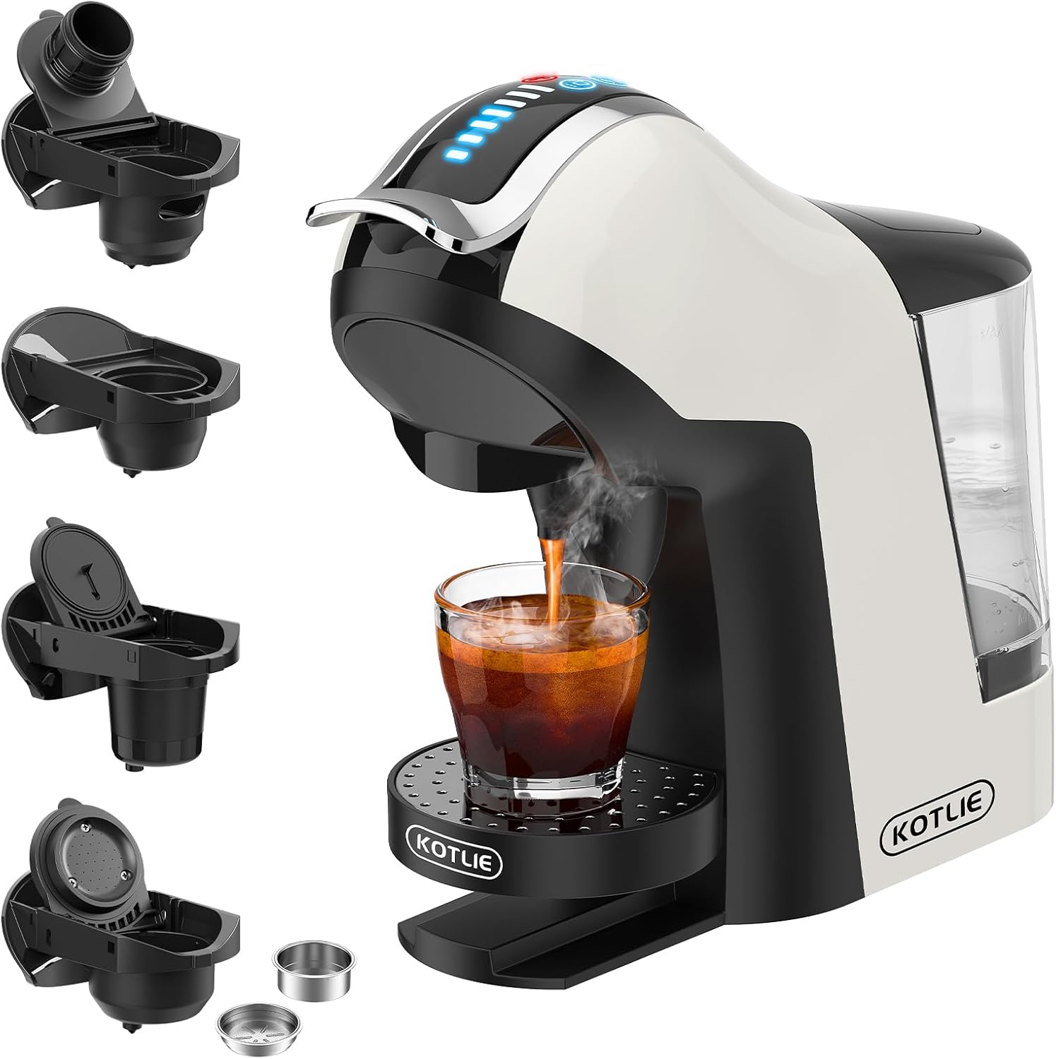 KOTLIE Cappuccino&Latte Maker, 19Bar Espresso Machine, Single-Serve Coffee Maker for Dolce Gusto/Nespresso Original/Kcup/Starbucks Tea and Milk Capsules/Ground Coffee/44mm ESE, Hot&Cold Brewing(White)