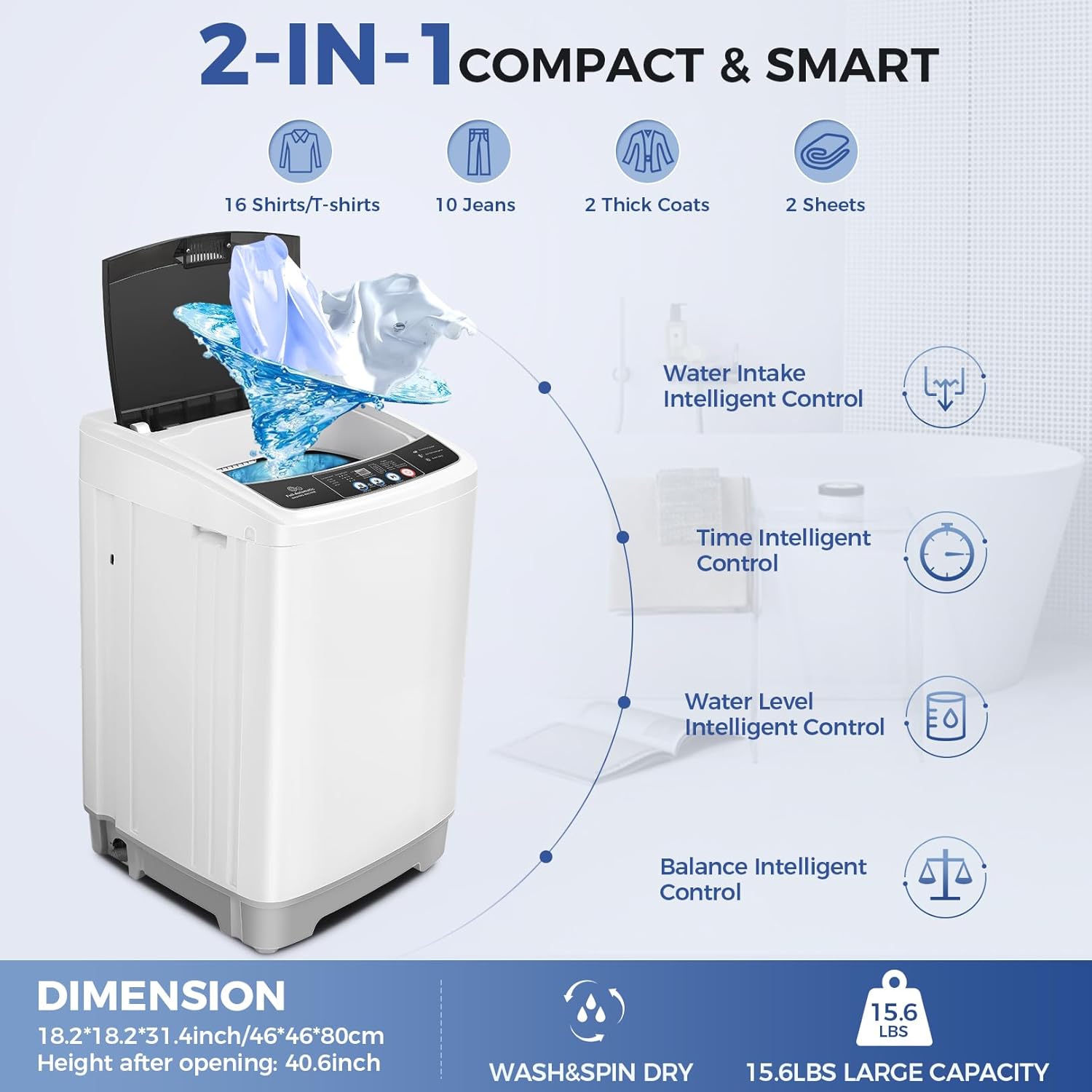 Nictemaw Portable Washing Machine 15.6Lbs Capacity 2.1 Cu.ft Portable Washer and Dryer Combo with 10 Programs and 8 Water Level Selections Compact Washer Machine for Apartments, Home, Dorms, Rv