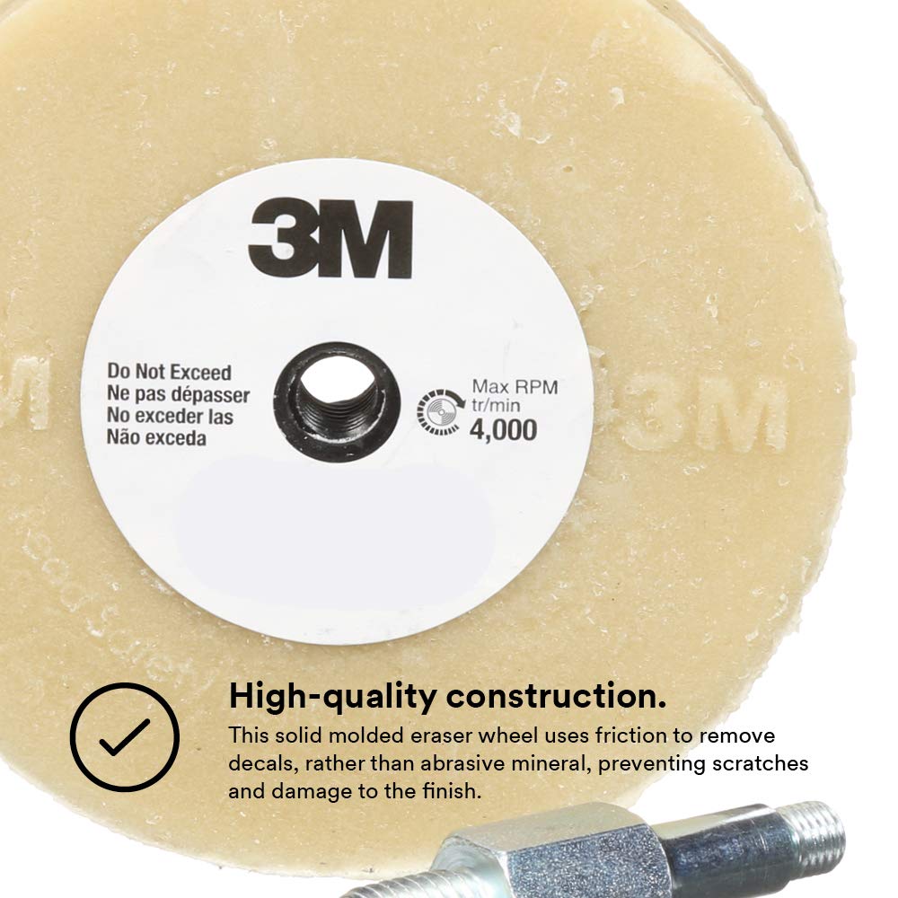 3M Stripe Off Wheel Adhesive Remover Eraser Wheel Removes Decals, Stripes, Vinyl, Tapes and Graphics 4” diameter x 5/8” thick 3/8-16 threaded mandrel 07498 Pack of 1 Pack of 2