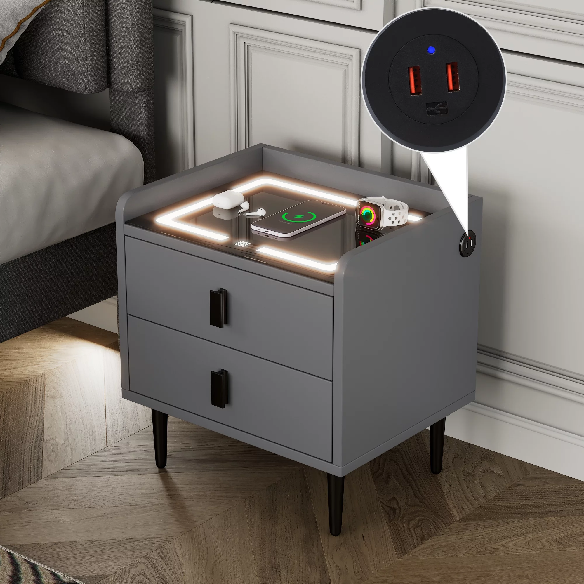 iRerts Side Table with Wireless Charging Station, Wood Nightstand with Drawer, USB Charging Ports and Adjustable LED Lights, Modern Storage Bedside Table End Table for Bedroom Living Room, Gray