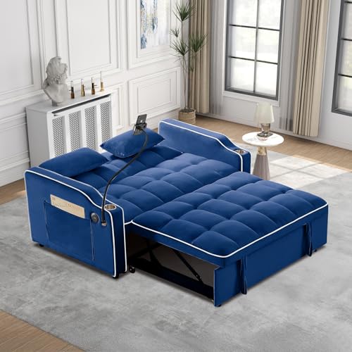 Convertible Sleeper Sofa Bed, 3 in 1 Velvet Pull Out Loveseat Couch Modern Comfy Futon Sofa with Adjustable Backrest & Phone Holder & USB Charging Space Saving for Living Room, Small Apartment, Grey