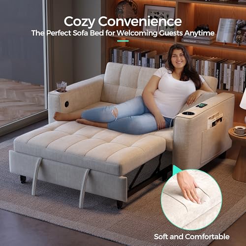 LINSY 3-in-1 Convertible Sofa Bed, 54" Pull Out Sleeper Sofa with Charging Station & Cup Holder, Small Folding Loveseat with Side Pocket for Small Space, Corduroy Couch, Green