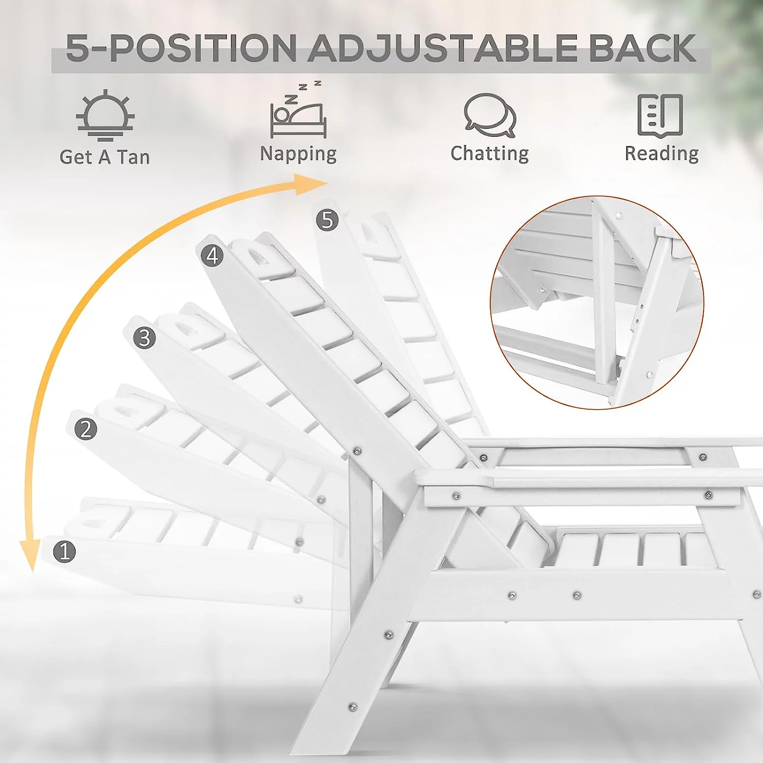 NALONE Chaise Lounge Outdoor with 5-Position Adjustable Backrest, HDPE Lounge Chair for Outside Supports Up to 400 LBS, Pool Lounge Chairs for Patio Poolside Deck Beach Backyard(White)