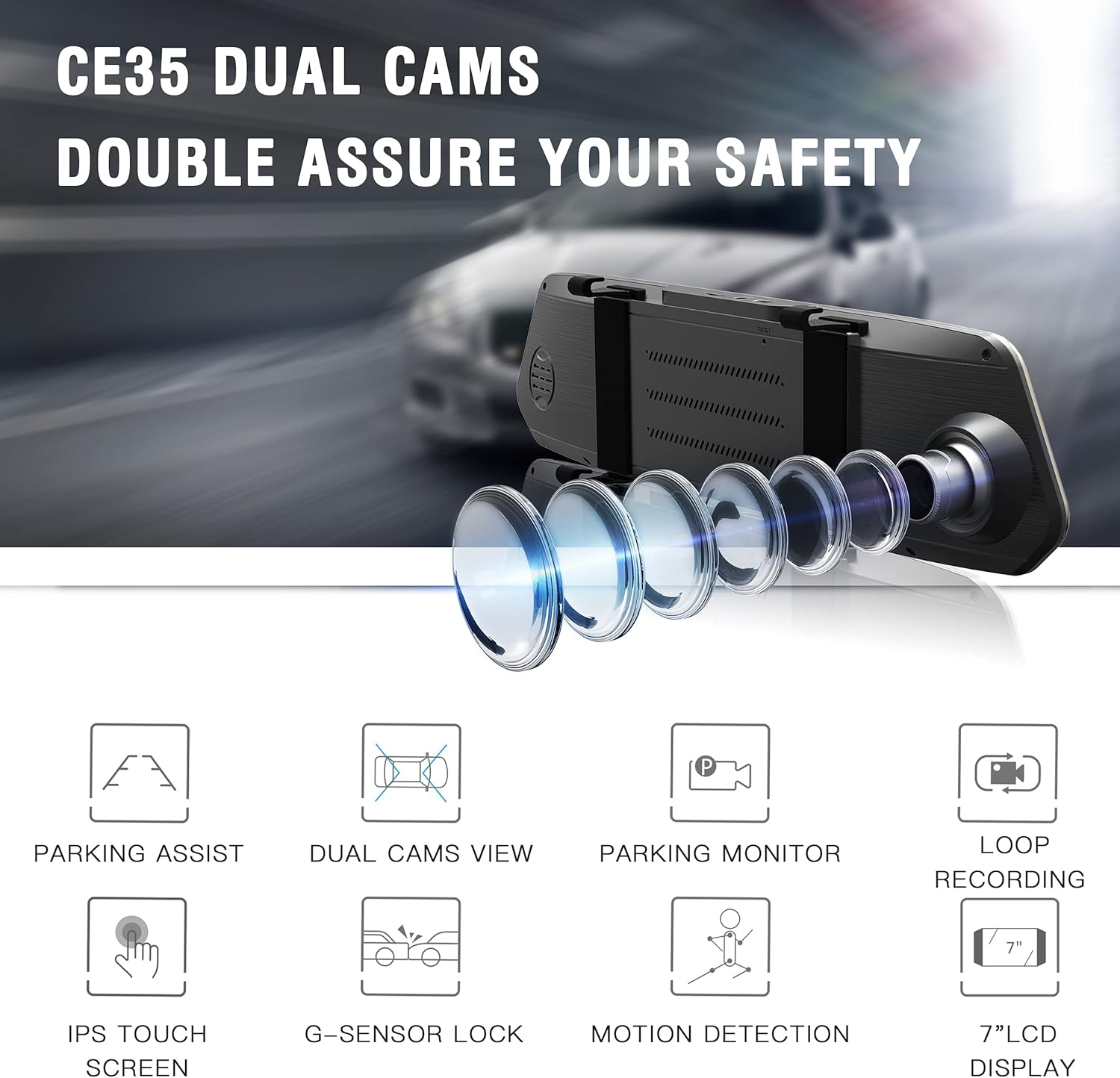 7 Dual Mirror Dash Cam Front and Rear FHD 1080P Car Camera Touchscreen Rear View Mirror Camera Waterproof Backup Camera with Parking Assistance Motion Detection