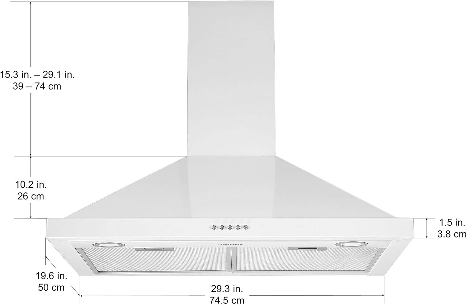 Ancona AN-1558 30" 280 CFM Convertible Wall Mount Pyramid Range Hood in White