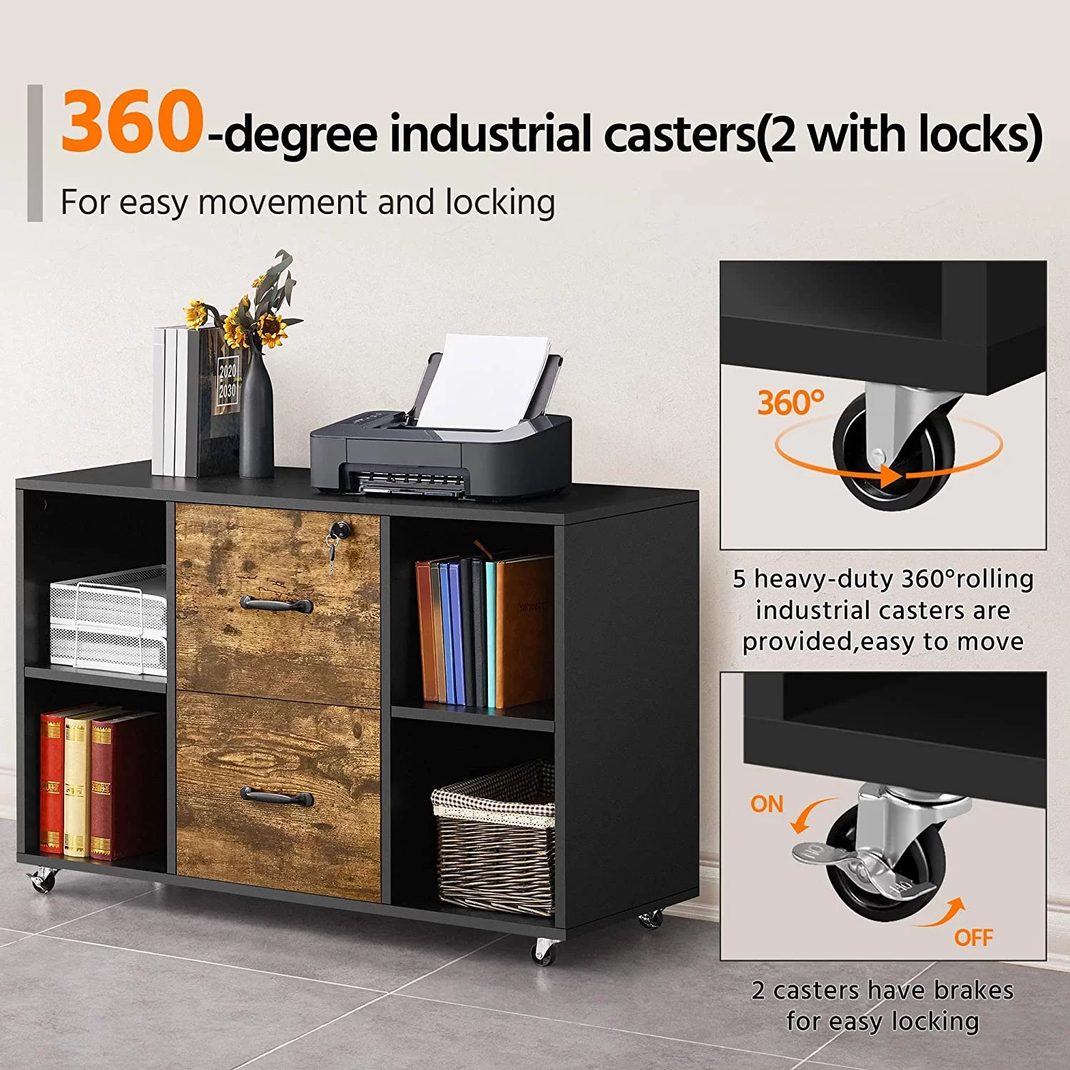 Black Filing Cabinet Large Mobile Storage Lateral Filing Cabinet with 2 Drawer and 4 Open Compartments,for Letter Size A4 Size, Printer Stand for Home Office, Black - Curated Treasures Market
