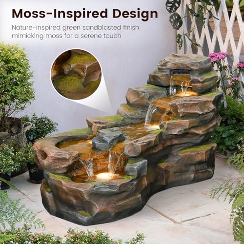 37" L Garden Outdoor Water Fountain, Floor Standing 5-Tiers Rock Natural Waterfall Outdoor Fountains with LED Lights for Patio, Porch, Home Art Decor