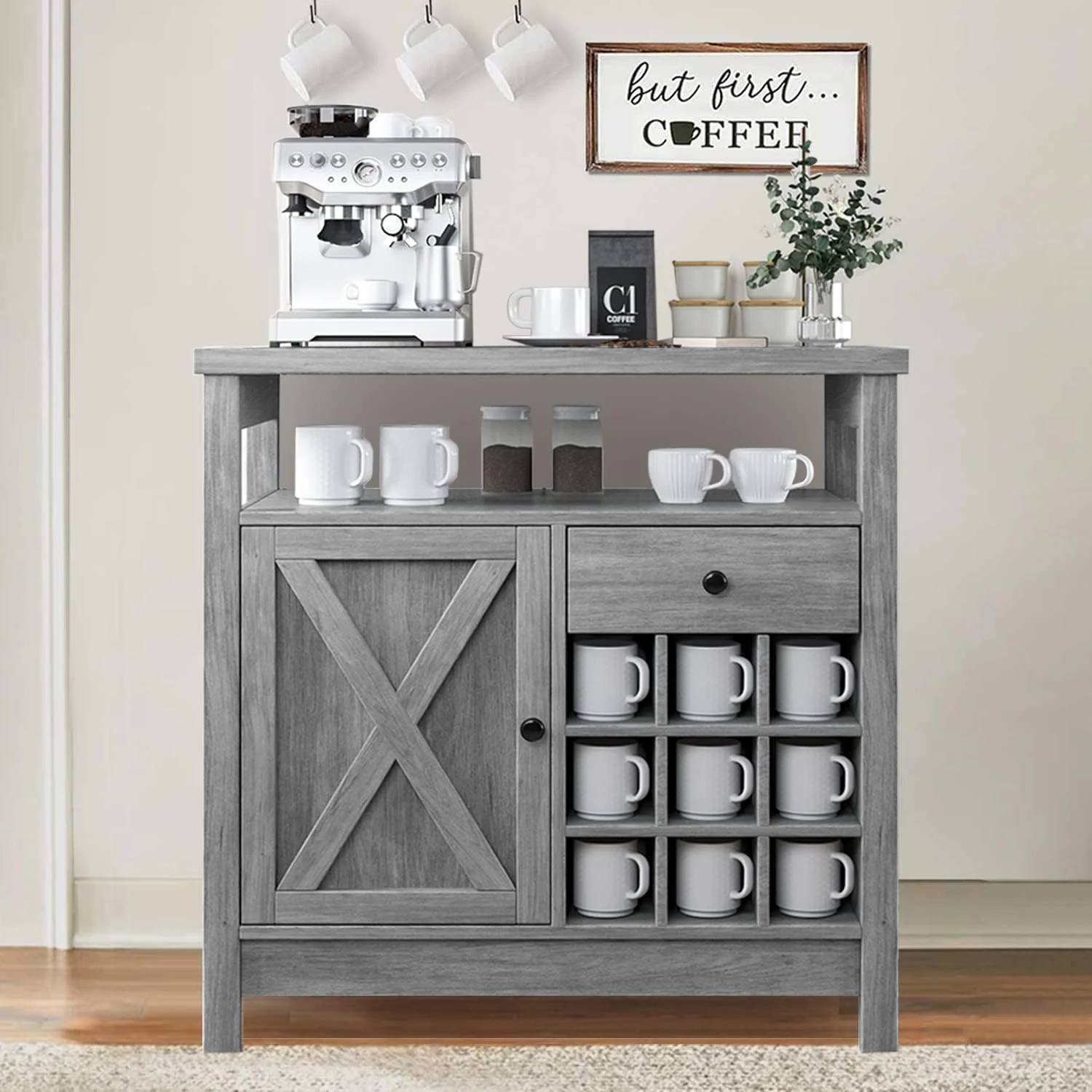 Farmhouse Coffee Bar Cabinet with Storage, Kitchen Buffet Storage Cabinet with Drawer, Wine Bar Cabinet with Barn Door, Gray Coffee Bar Table with Open Shelf for Dining Living Room