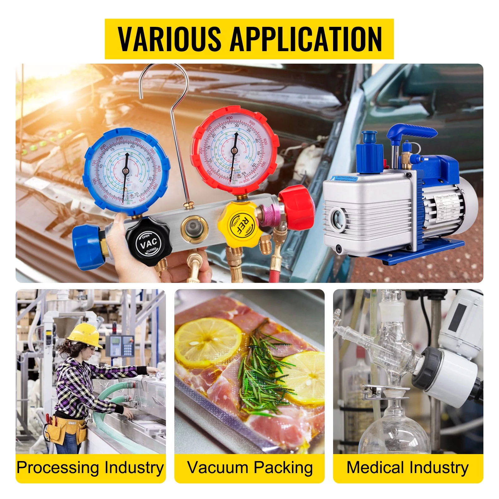 VEVOR Vacuum Pump 4.8CFM 1/4 HP Single Stage HVAC A/C Refrigeration Kit 5PA Ultimate Vacuum Manifold Gauge Set R410A R134A R22 HVAC AC, 4-Way Manifold Gauge and Hose for Air Conditioning Systems