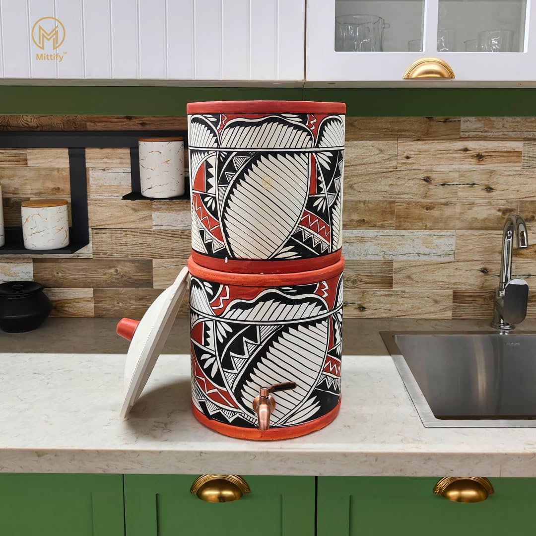 Earthen Clay Water Filter Dispenser with Metal Tap (Capacity - 20L), Natural Filtration, Handmade and Eco-Friendly, Say Goodbye to Plastic Bottles with Sustainable, Indian Harp Design FIlter