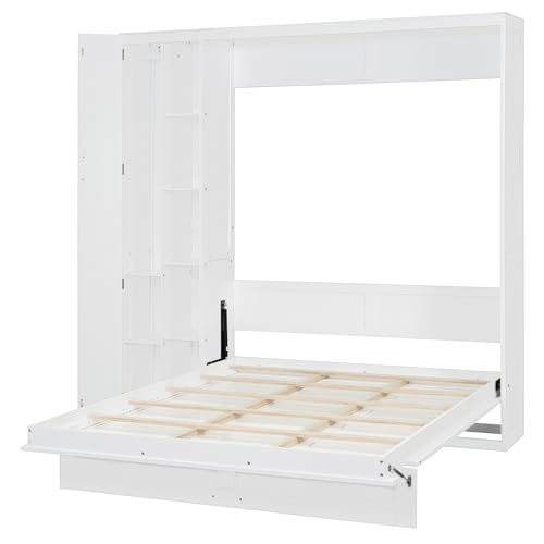 Harper & Bright Designs Queen Size Murphy Bed Wall Bed with Storage Shelves, Wardrobe and LED Lights, Space-Saving for Multipurpose Guest Room or Home Office, Gray