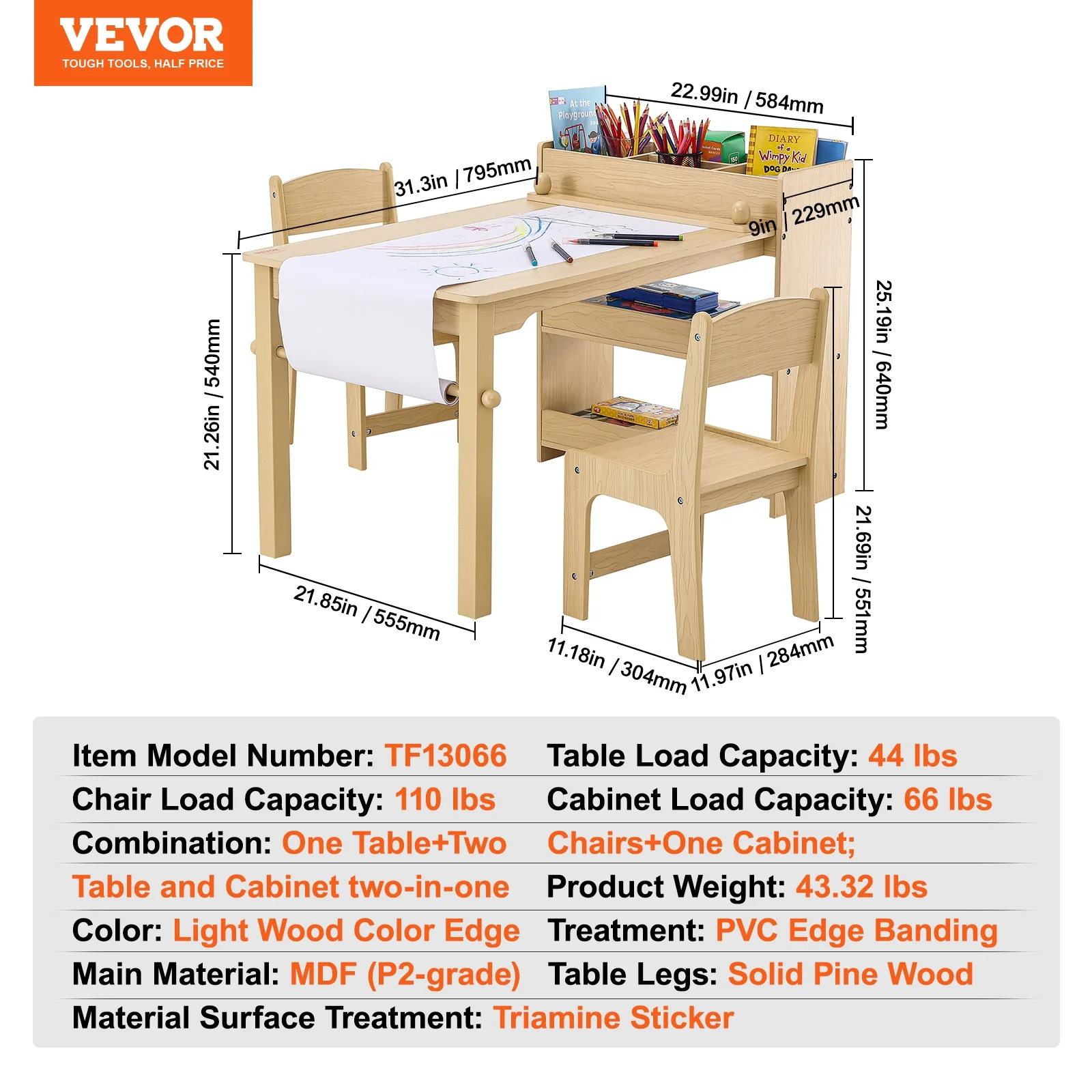SKYSHALO 2-in-1 Kids Art Table and 2 Chairs Toddler Craft Set and Wooden Play Activity Drawing Table with A Cabinet Paper Roll Storage Bins