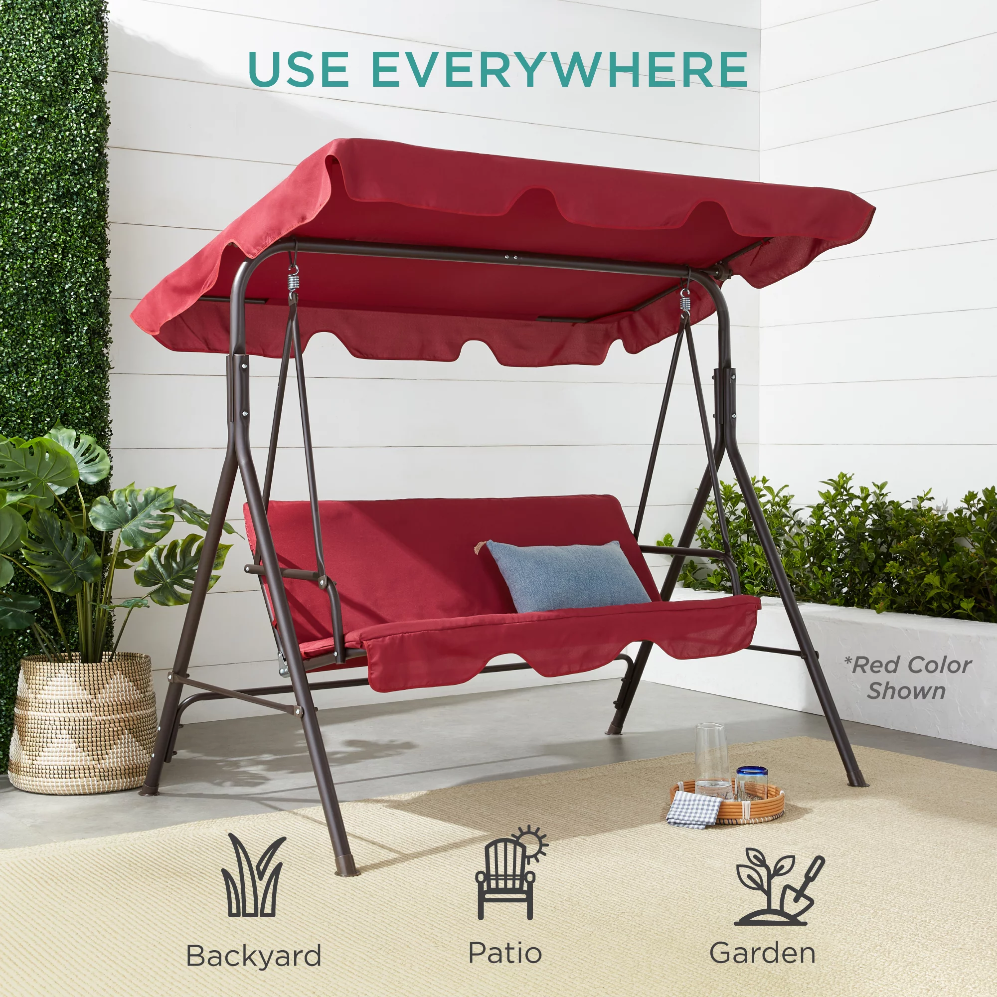 Best Choice Products 2-Person Outdoor Large Convertible Canopy Swing Glider Lounge Chair w/ Removable Cushions - Blue