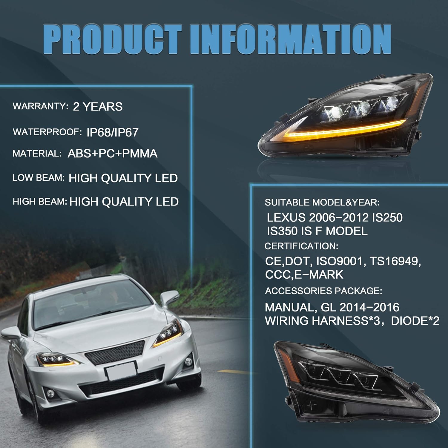 VLAND Headlight Assembly Fit for LEXUS 2006-2013 IS250 IS350/2008-2014 IS F/2010-2015 SEDAN C CF,Plug-and-play Amber