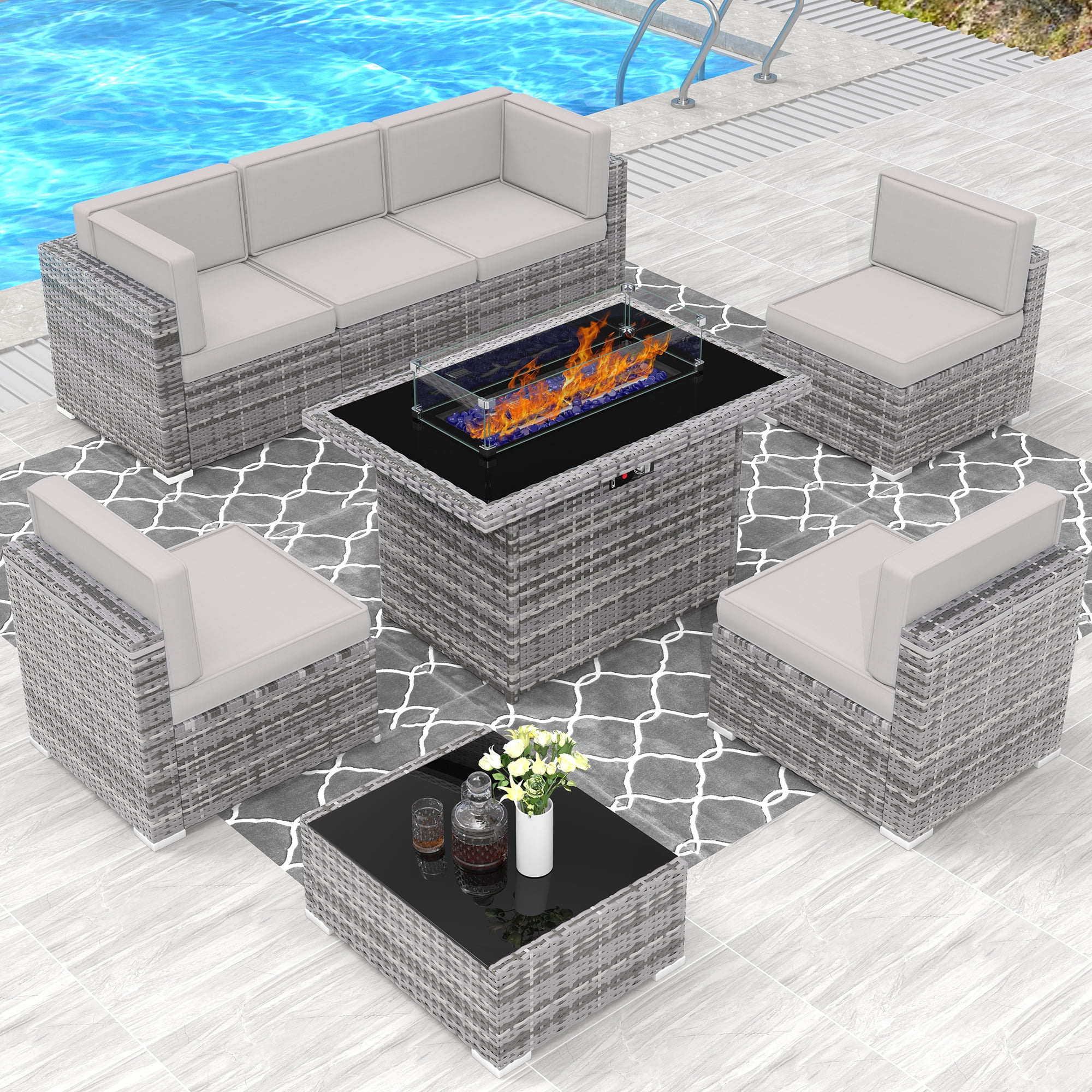 8 Piece Patio Furniture Set with 44" Propane Gas Fire Pit Table, Outdoor Sectional Conversation Set Wicker Rattan Sofa Set with Coffee Table