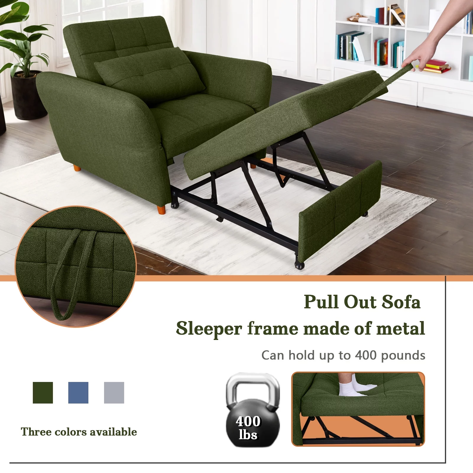 NOBLEMOOD 3-in-1 Sleeper Sofa w/ Adjustable Armrests,Pull Out Convertible Sofa Bed w/ 3 Level Adjustable Backrest & Thickened Pillow for Living Room or Apartment, Green
