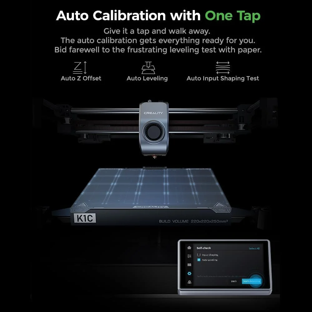 Creality K1C 3D Printer All-Metal Clog-Free Direct Extruder Tri-Metal Nozzle Auto Leveling Core XY AI Function 8.66 * 8.66 * 9.84 in