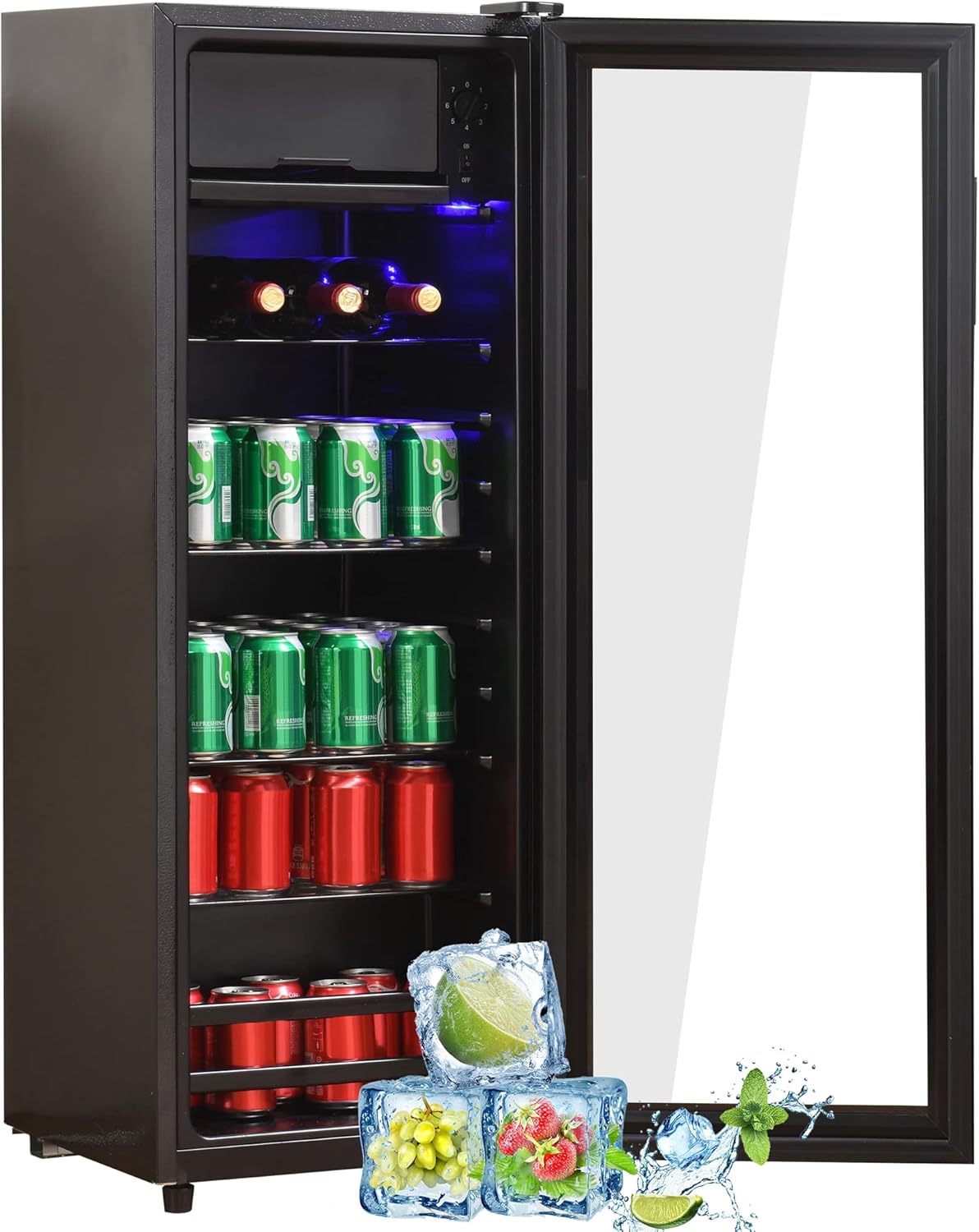 4.5Cu.ft mini fridge, 0.3Cu.ft freezer, up to 94 cans of soda, beer or wine. Silent, high-efficiency and energy-saving compressor, LED lighting, 16.10"×15.70"×43.10", home, RV, apartment, office, etc.